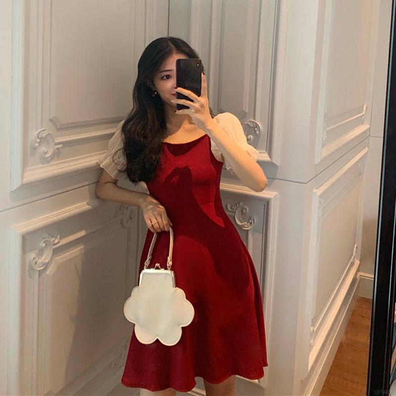 Đầm Nữ Ngắn Tay Trễ Vai Xinh Xắn Theo Phong Cách Hàn Quốc Thanh Lịch