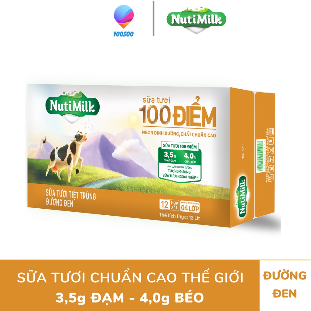 Thùng/ 12 Hộp NUTIMILK Sữa Tươi Tiệt Trùng Nguyên Chất/ Ít Đường/ Có Đường/ Đường Đen Hộp 1000mL - NUTIFOOD -YOOSOO MALL