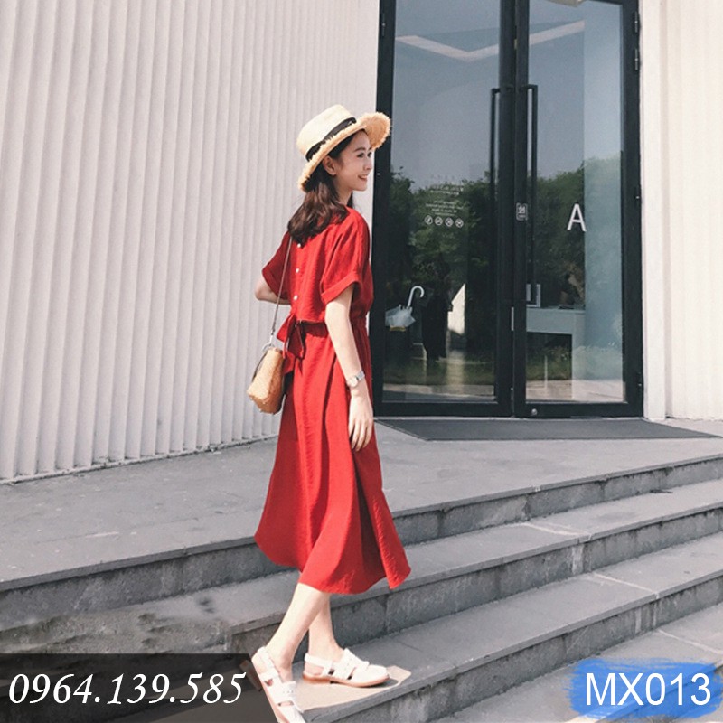 Đầm maxi đỏ đi biển tay lỡ, dáng đơn giản dễ mặc, cúc sau cùng nơ cách điệu xinh xắn | MX013