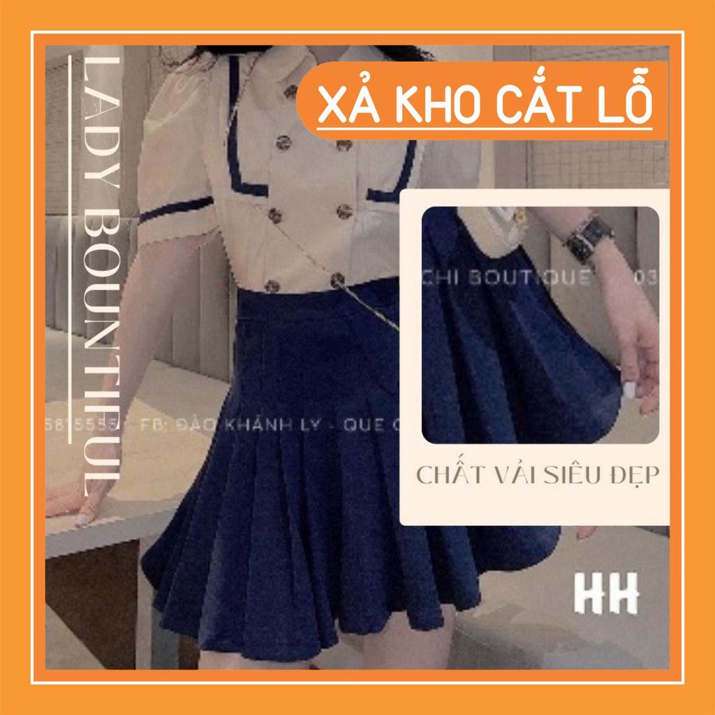 Set bộ áo thủy thủ phối nút chạy viền tay ngắn kèm chân váy xếp ly và đầm thủy thủ tay ngắn đồng giá