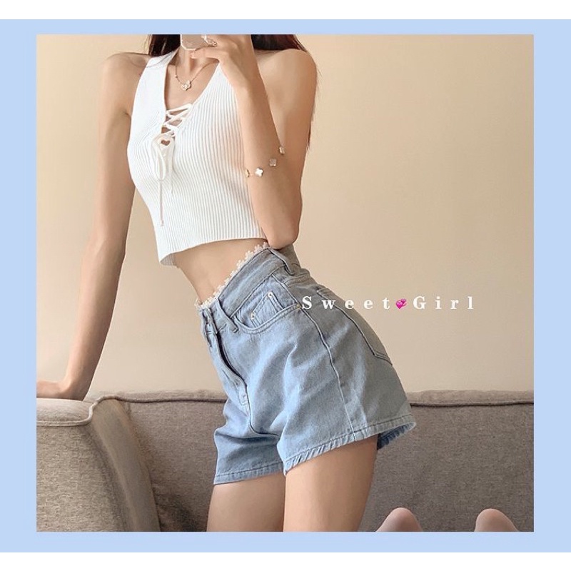 Quần jean ngắn ống rộng lưng cao thời trang nữ
