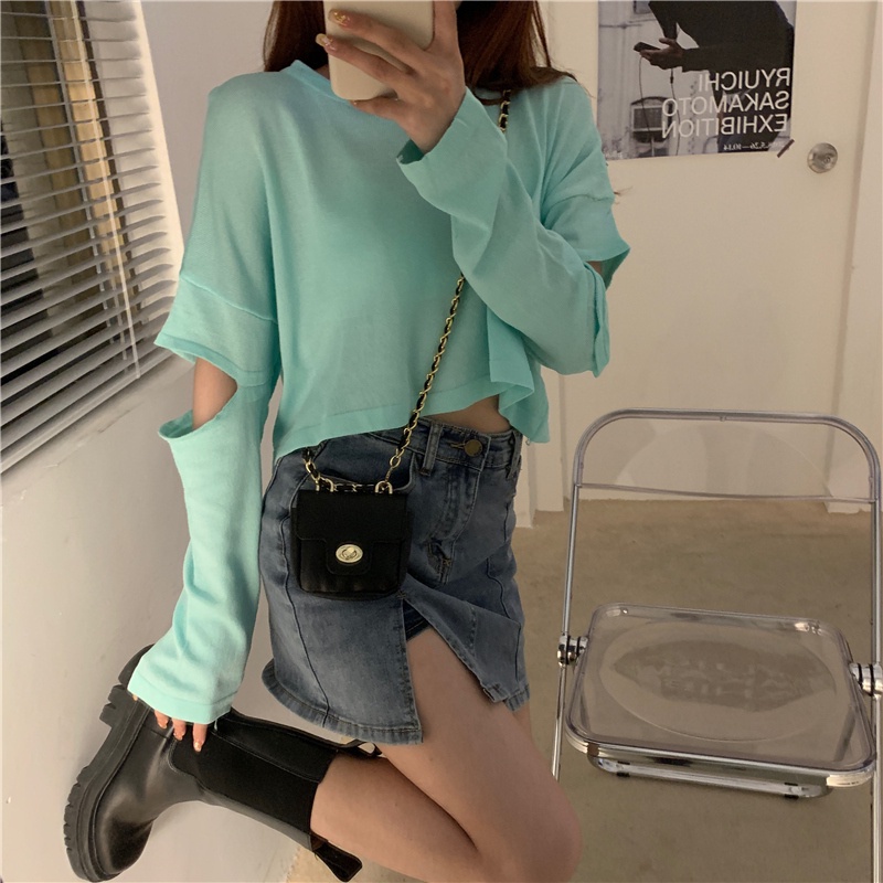 SUXI Áo Thun Dệt Kim Tay Dài Cổ Tròn Lưng Cao Thời Trang Mùa Thu Hàn Quốc Cho Nữ