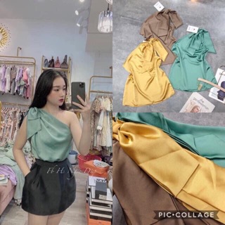 ÁO LỆCH NƠ VAI LỤA