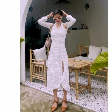Váy Đầm vai khoét tay dài tà xẻ cực cool , cực yêu ( QC Cao Cap)