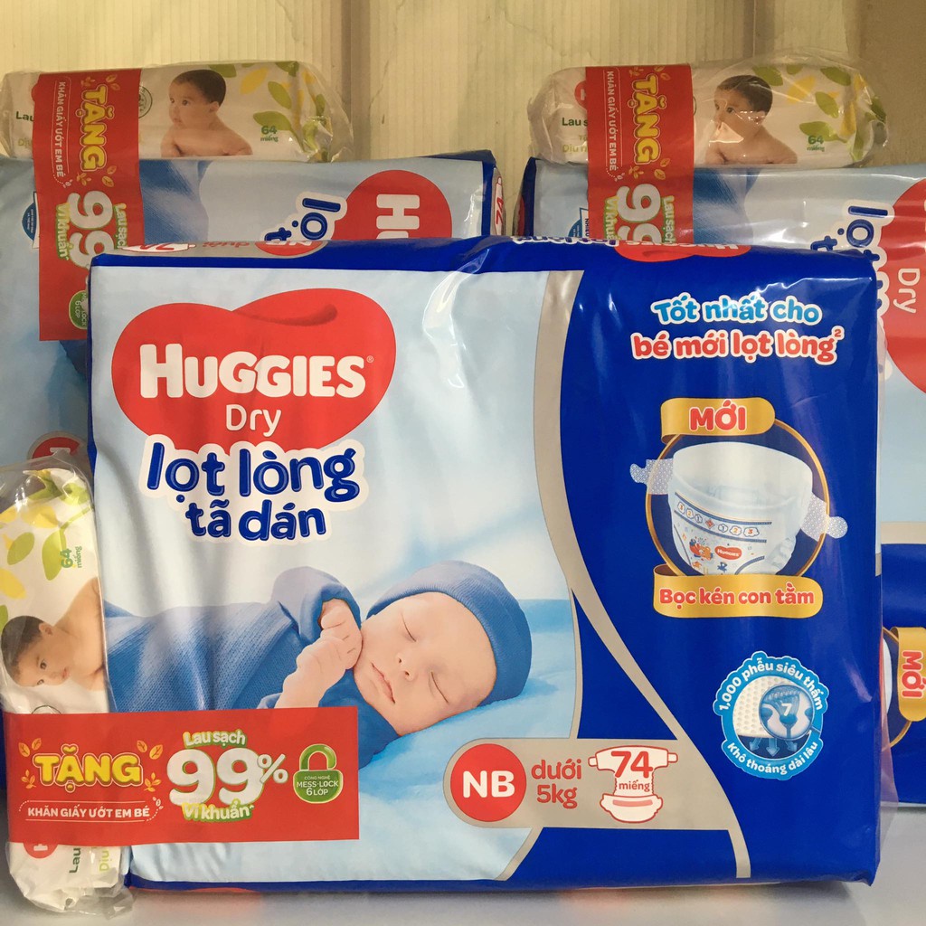 (Tặng khăn ướt) Tã/Bỉm dán sơ sinh Huggies S56/NB74