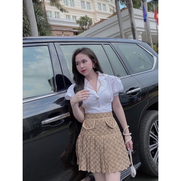 SET VÁY NỮ, SET ÁO SƠ MI CHÂN VÁY DẠ XẾP LY CHỬ GUCCI, DẠO PHỐ SANG CHẢNH