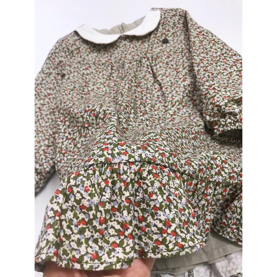 Váy thô 2 lớp Elle Baby hoa nhí rêu cam cổ sen trắng