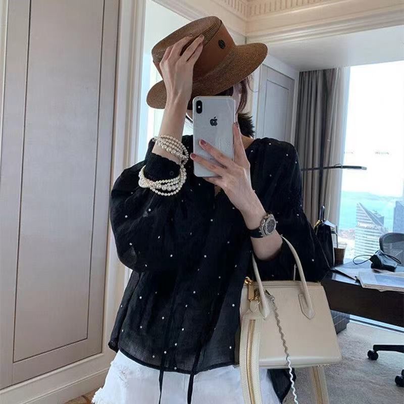 Áo Sơ Mi Tay Dài Cổ Chữ v Họa Tiết Chấm Bi Thời Trang Phong Cách Hàn Quốc Cho Nữ