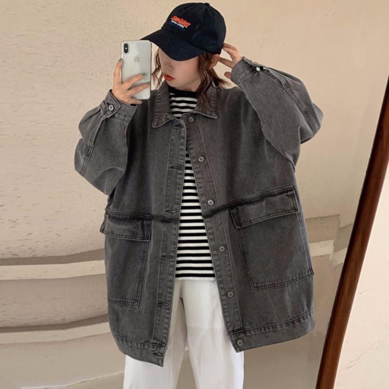 Áo khoác denim tay dài thiết kế đơn giản phong cách thoải mái cho nữ