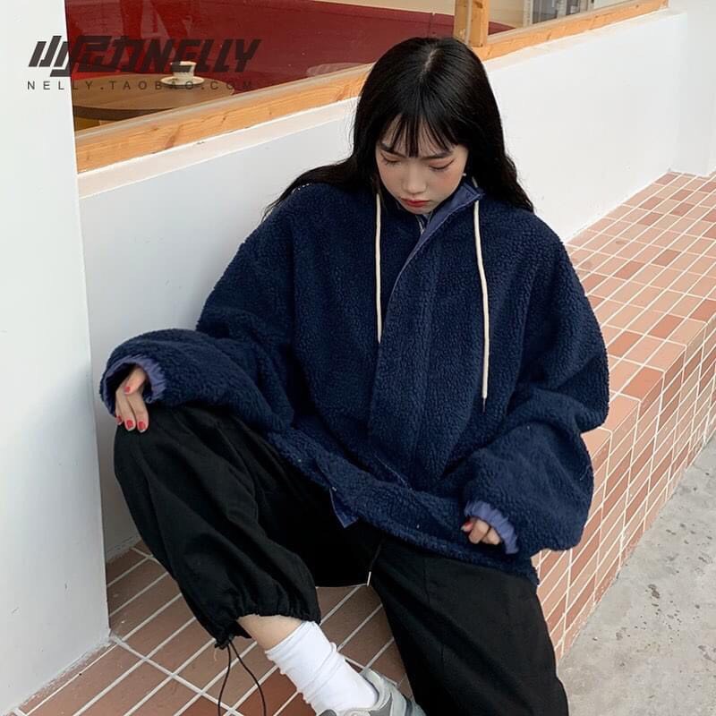 Áo khoác nỉ bông nữ túi hộp - áo hoodie nữ form rộng mặt bông tay bo