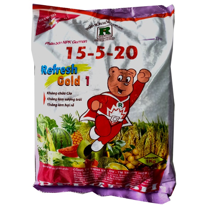 Phân bón gốc NPK phức hơp Refresh Gold  15 -5 - 20 Công nghệ Đức (tím) gói 1kilogram