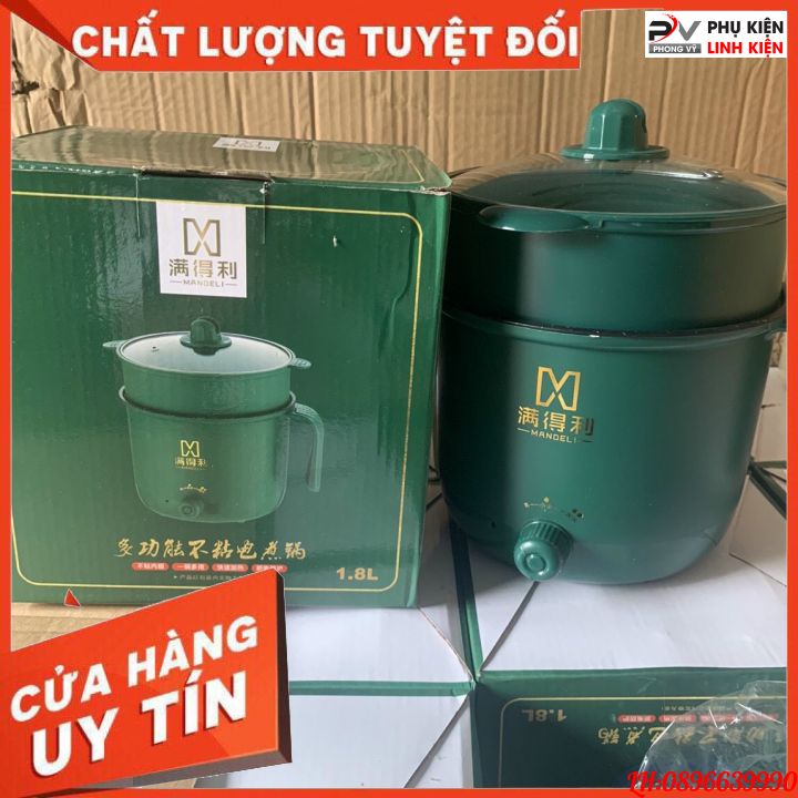 Nồi lẩu mini đa năng 2 tầng ca nấu mì điện núm xoay 2 nấc nhiệt kèm giá hấp 1,8L SHANBAN