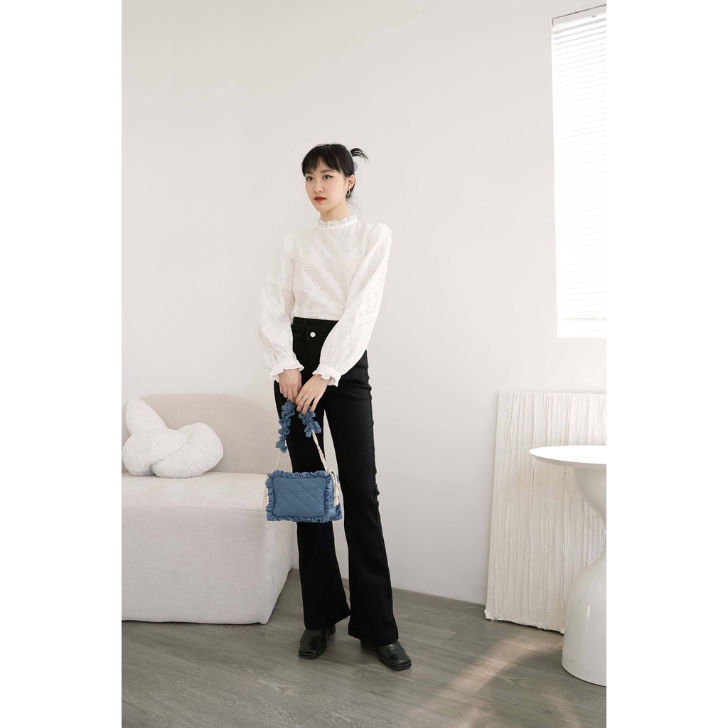 Quần jean Méo shop 3721 lưng cao cạp chéo ống loe chất jean cao cấp phong cách Hàn Quốc