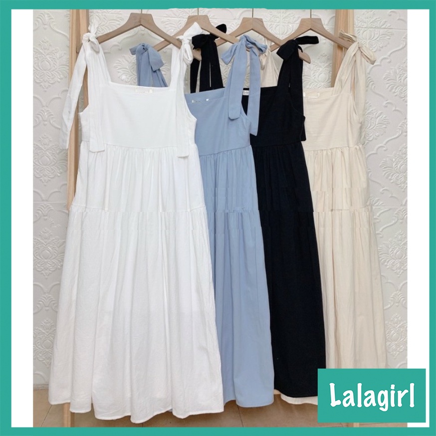 Váy Đầm Nữ 2 Dây Bản To Buộc Nơ 3 Tầng, Váy Nữ Babydoll Trơn Dáng Dài 2 Màu