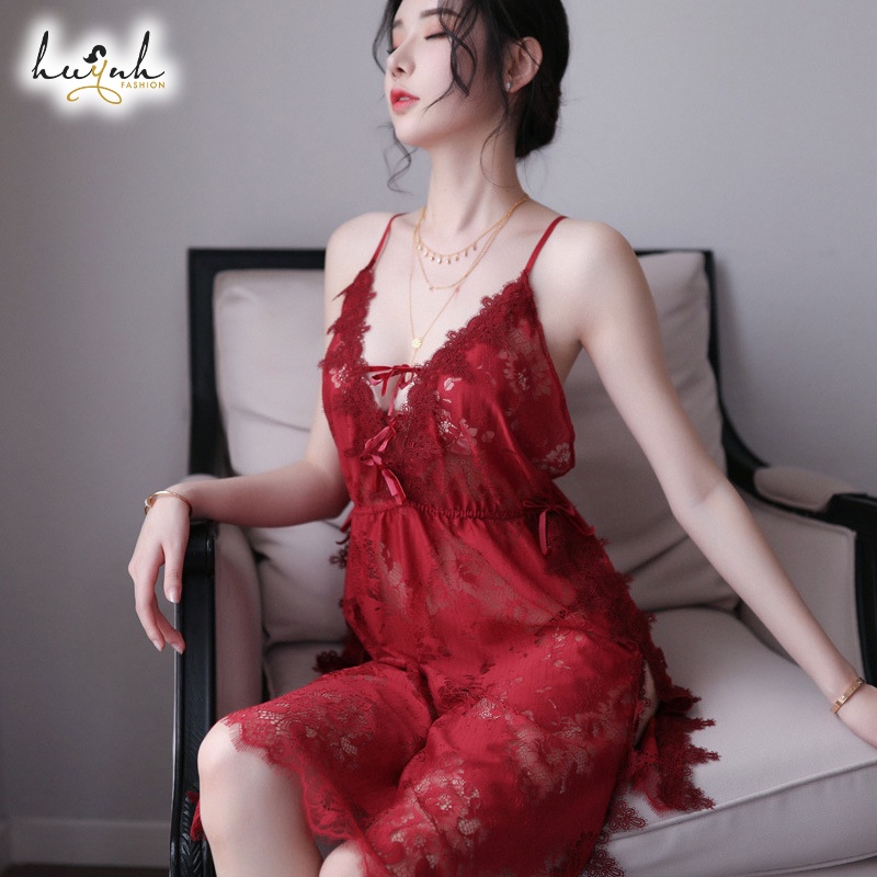 Đầm Ngủ Ren Xuyên Thấu Hai Dây Đan Chéo Hở Lưng Gợi Cảm - N71