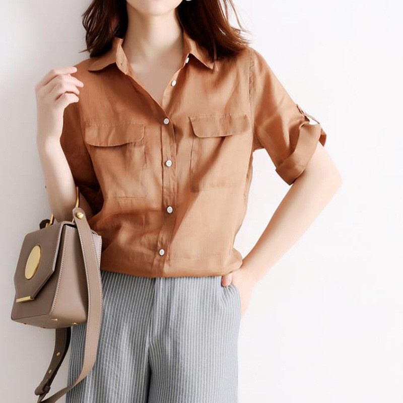 Shirt Japanese style mild luxury women's clothing 2021 summer new linen solid color single-breasted lapel shirt overalls