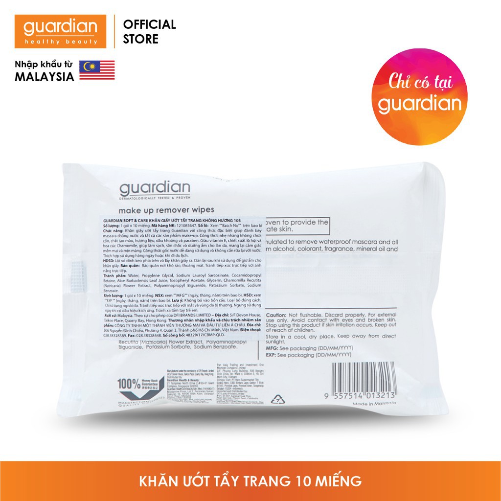Khăn giấy ướt tẩy trang Guardian không hương (10 miếng) Malaysia | BigBuy360 - bigbuy360.vn