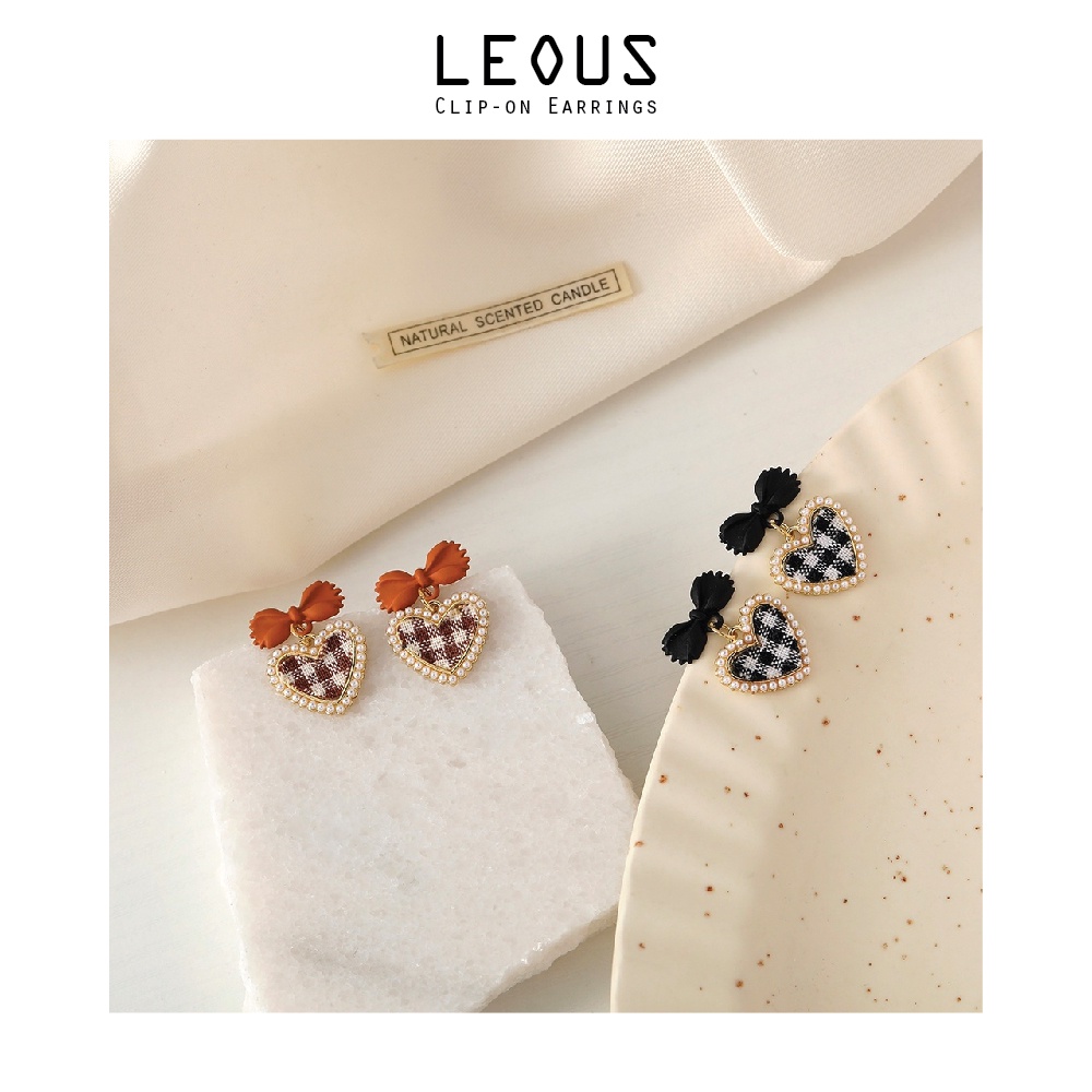 Khuyên tai kẹp không bấm lỗ chốt cố định K028 bằng hợp kim phủ màu hình trái tim sọc caro dáng midi Leous Accessories