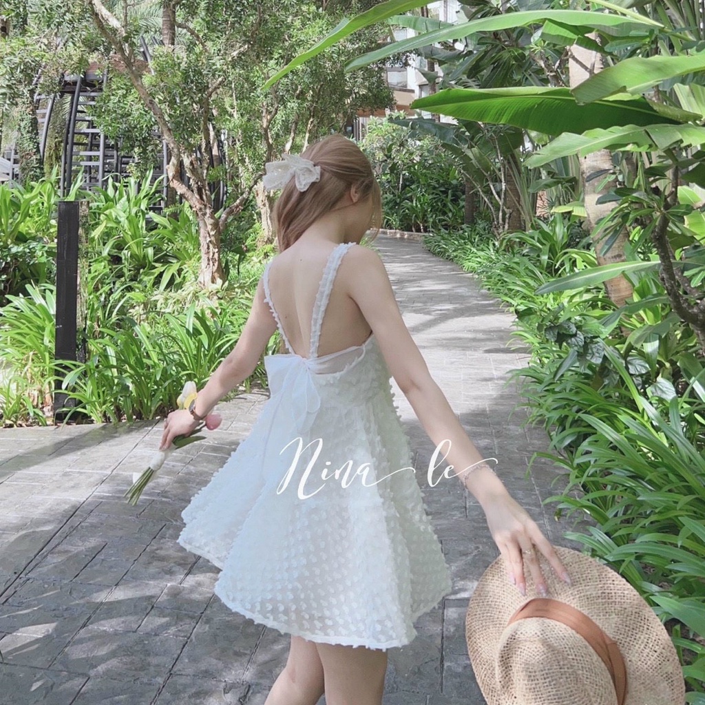 Váy đầm nữ dáng xòe voan lông vũ hai dây nơ lưng dễ thương