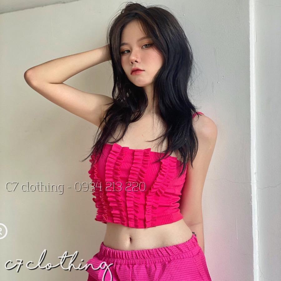 (freeship-ảnh thật) Áo kiểu 2 dây croptop viền bèo đứng cực xinh , chất thun gân mềm mịn