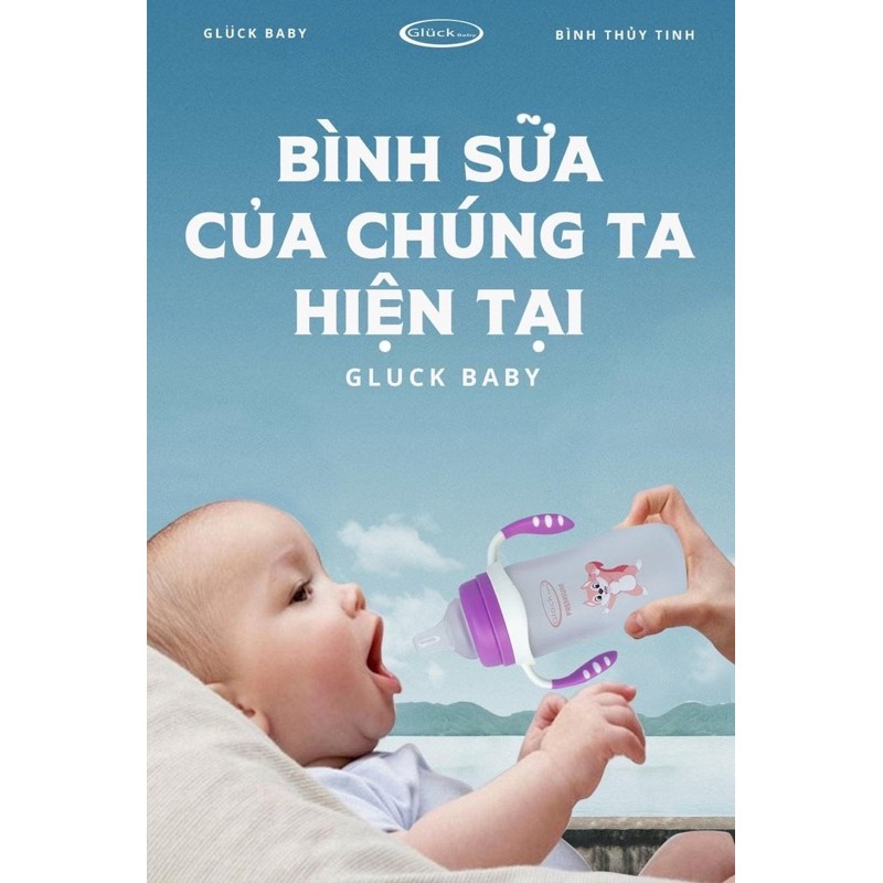 Bình sữa thuỷ tinh bọc silicon cổ rộng Gluck 240ml ngăn ngừa vi nhựa