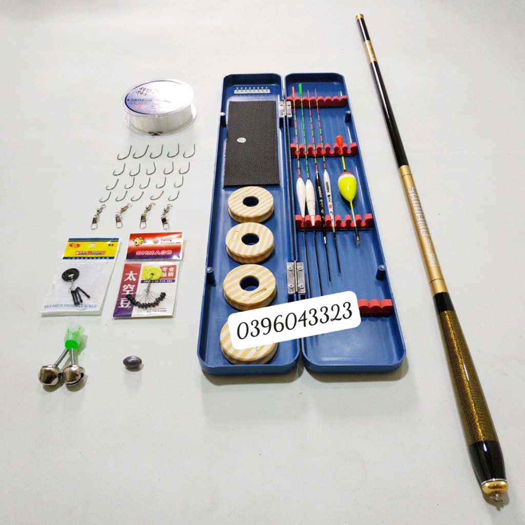 Bộ cần câu tay shimano+hộp đựng phao cùng tất cả phụ kiện trên hình