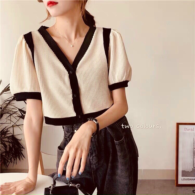 áo thun borip sọc gân phối viền ngắn tay
