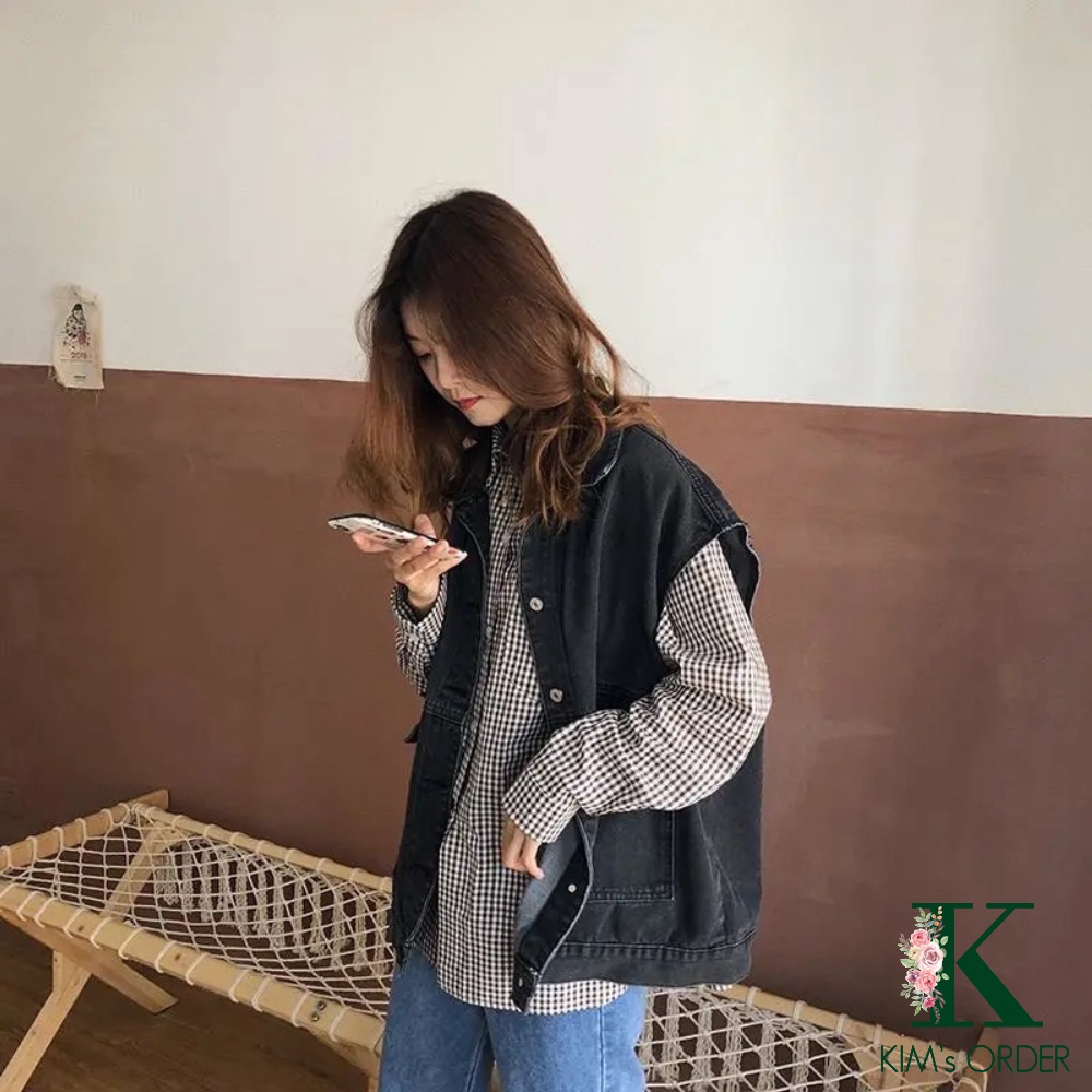 Áo khoác jean nam nữ màu xanh và đen gile sát nách phom rộng basic phong cách retro Ulzzang Hàn Quốc cá tính năng động