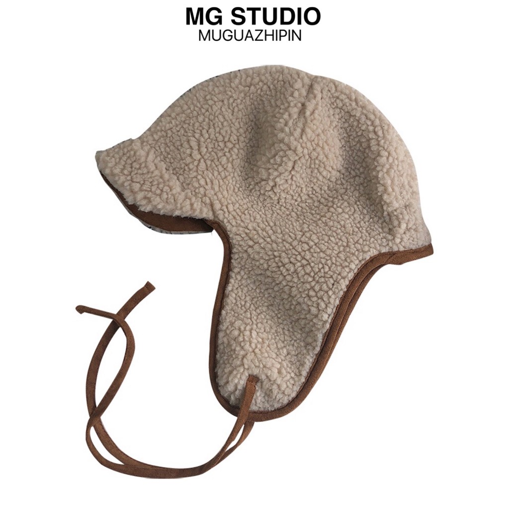 Nón giữ ấm MG STUDIO chất liệu da lộn và lông cừu nhân tạo thiết kế dễ thương thời trang