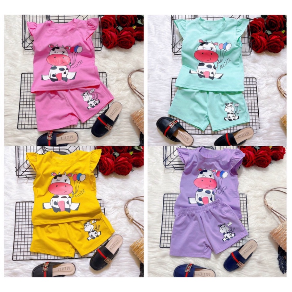 ( Km ) (Gía sỉ ) Combo 4 Đồ bộ cho bé gái hình bò sữa cho bé từ 6-28kg.BDBG47. .
