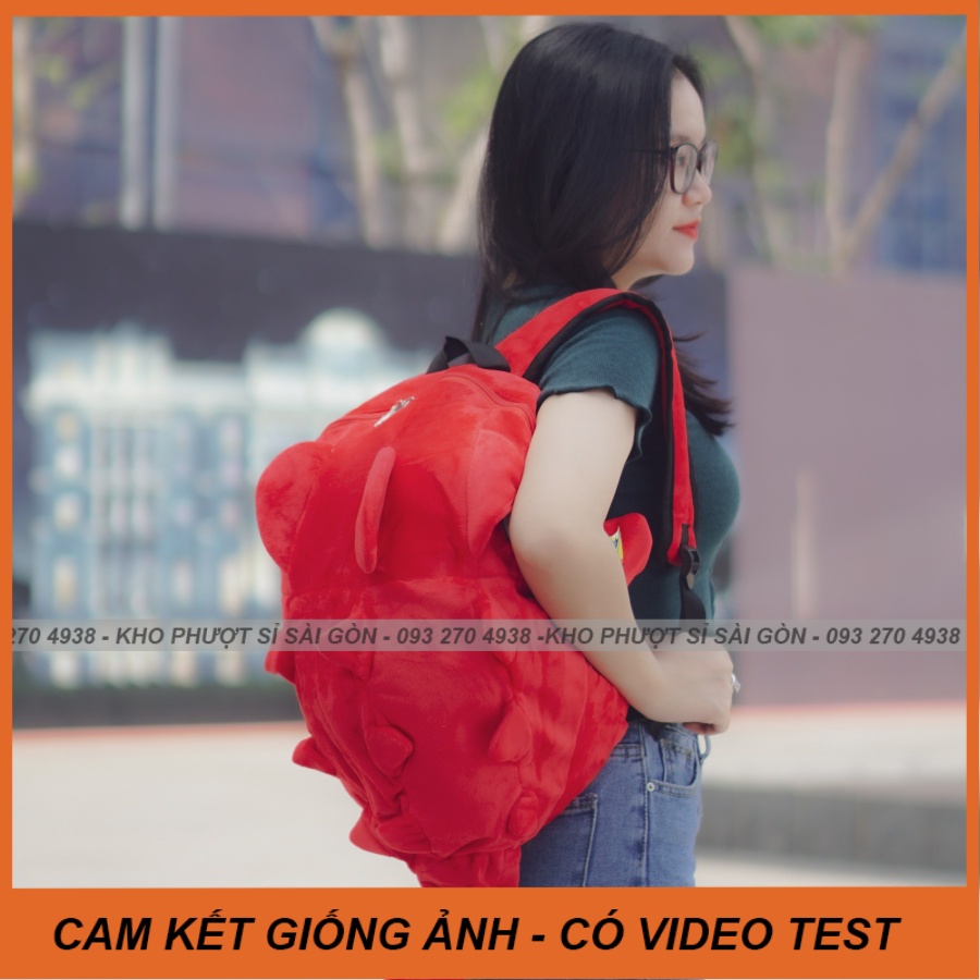 Balo vải Nhung màu đỏ hình mẫu Khủng long có gai cực ngầu - Balo khủng long nhung phượt