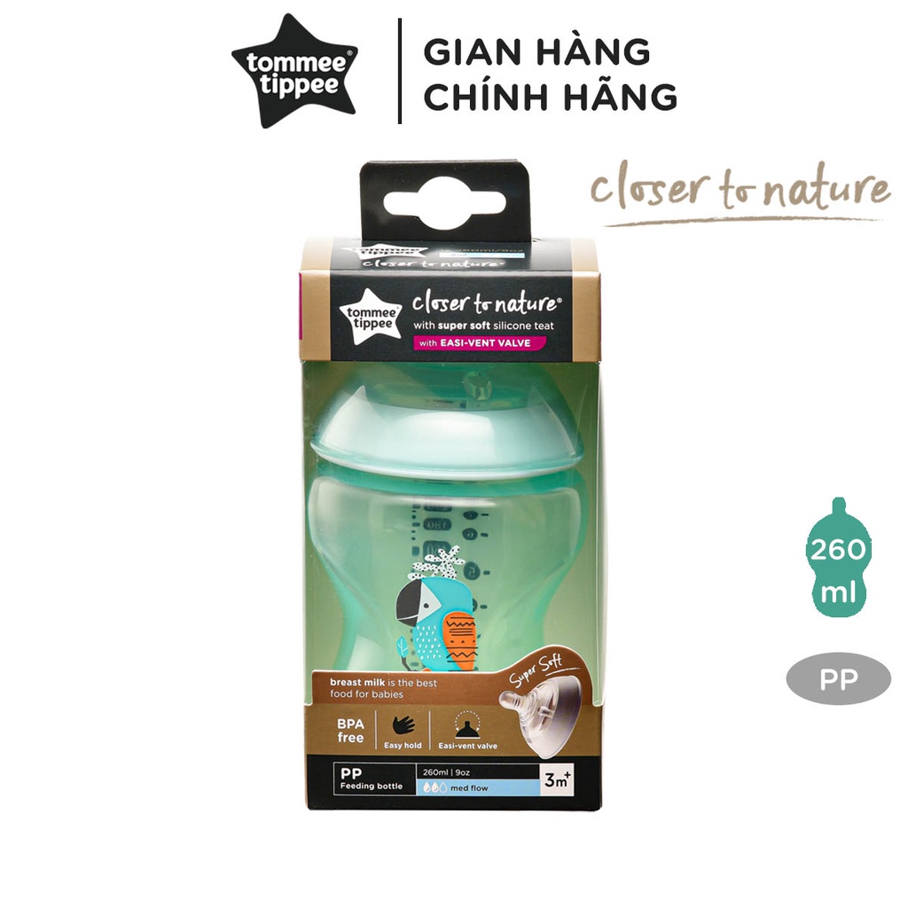 Bình sữa ty siêu mềm tự nhiên Tommee Tippee Closer to Nature 260ml, núm ty đi kèm 3-6 tháng – Xanh ngọc