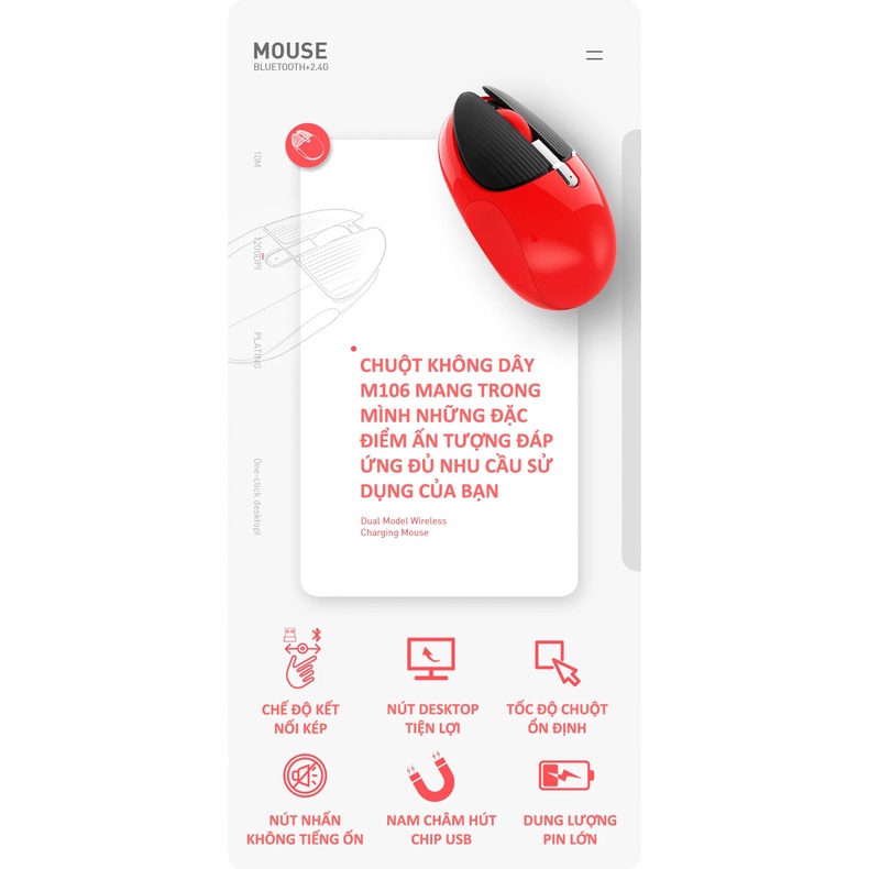 Chuột không dây M106 kết nối bằng Bluetooth và chip 2.4G siêu tiết kiệm pin, màu sắc cá tính thiết kế nhỏ gọn