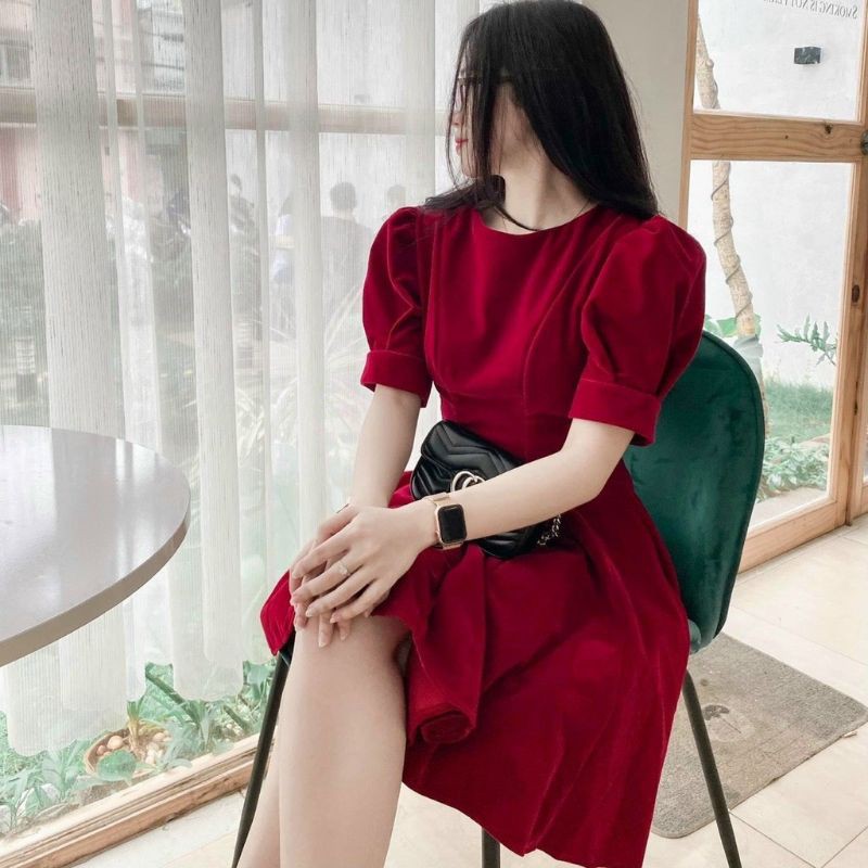 Váy nhung đỏ tay bồng hàng loại 1