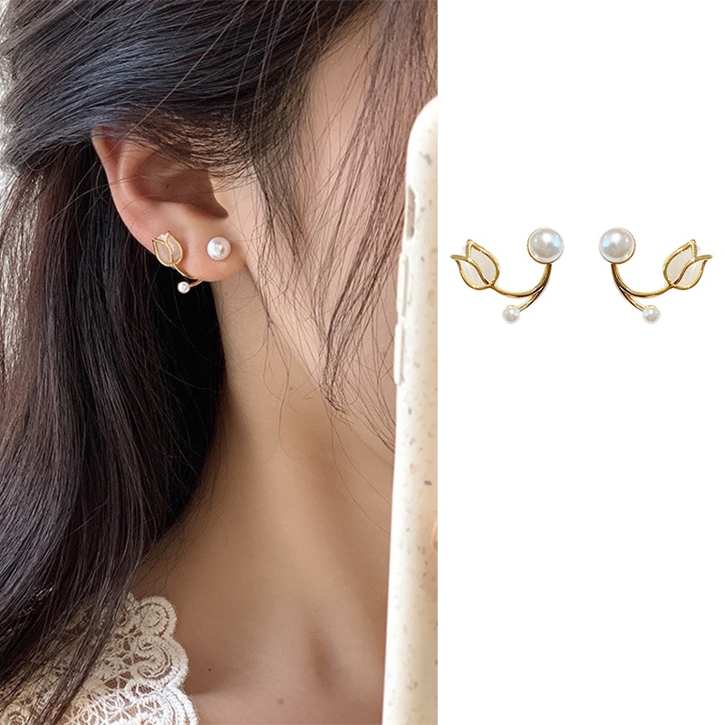 Khuyên Tai Hình Hoa Tulip Đính Ngọc Trai Nhân Tạo Thời Trang