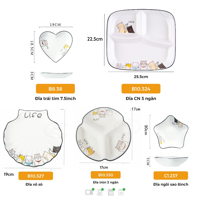 Đĩa sứ sâu lòng nhiều hình dáng họa tiết mèo life Holame