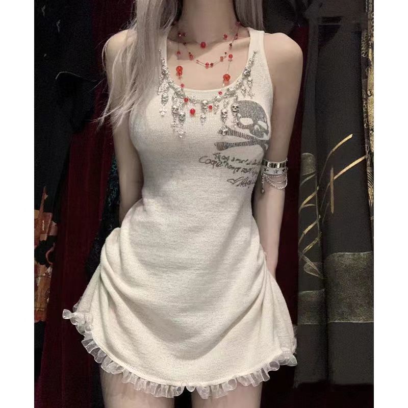 Đầm Hai Dây Màu Trắng Sữa Phong Cách Gothic Mẫu Mới Mùa Hè y2k Millennium Cho Bé Gái