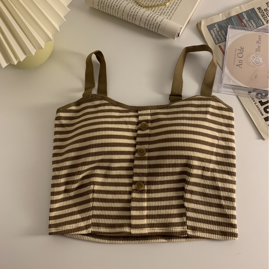 Áo Kiểu Ngắn Có Đệm Ngực Cài Nút Họa Tiết Kẻ Sọc Thời Trang Mùa Thu Mới