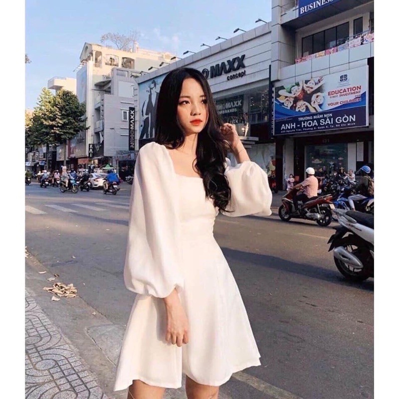 ĐẦM TIỂU THƯ TRẮNG🦋 VÁY TAY BỒNG CỔ VUÔNG CHỮ A DÁNG NGẮN🦋 Trễ vai Nasu may