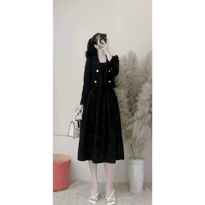 Sét Đầm 3 Món Áo Cổ Vest Phối Nút , Đầm Dài Dáng Xòe Chất For Có Mút Ngực Mặc Đẹp Dáng Xinh [NEW UNISEX]