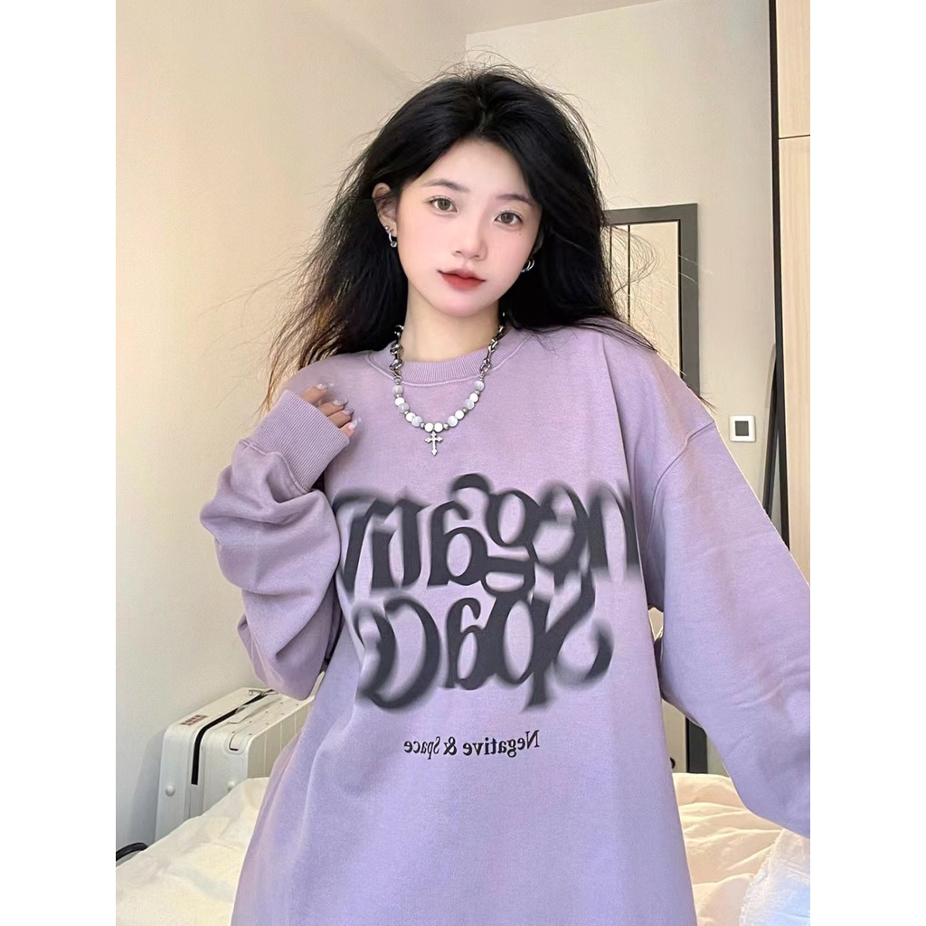 Áo sweater Cổ Tròn Dáng Rộng Màu Tím Phong Cách Mỹ Cổ Điển Thời Trang Cho Nữ