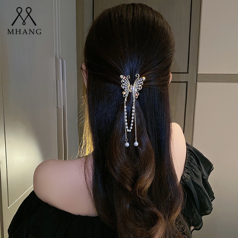 Kẹp Tóc Hình Bướm Đính Đá Zircon / Ngọc Trai / Cá Mập Bằng Kim Loại Sang Trọng Thời Trang Hàn Quốc