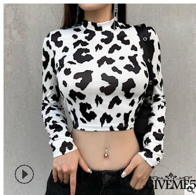 Áo Lửng Tay Dài Cổ Lọ Họa Tiết Da Bò Thời Trang Cho Nữ