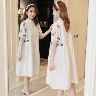 Đầm bầu vải lanh cotton phối họa tiết kẻ sọc dọc thời trang