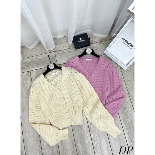 Áo len cadigan cổ V tay phồng