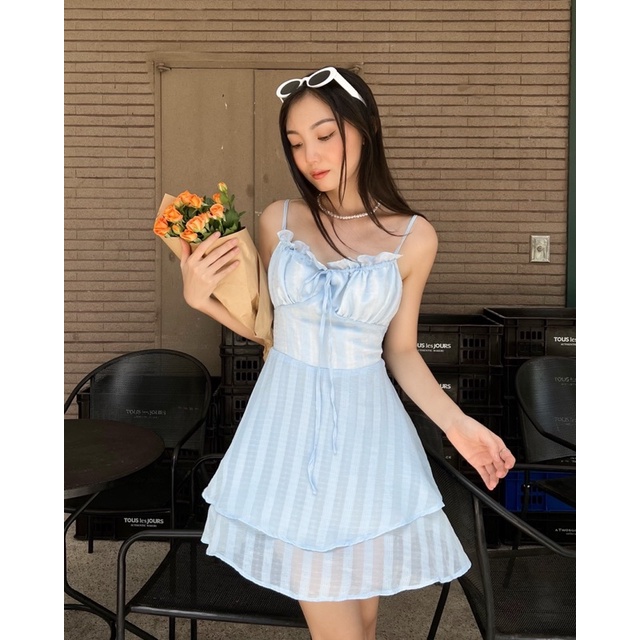 Đầm 2 dây cột nơ ngực xanh biển