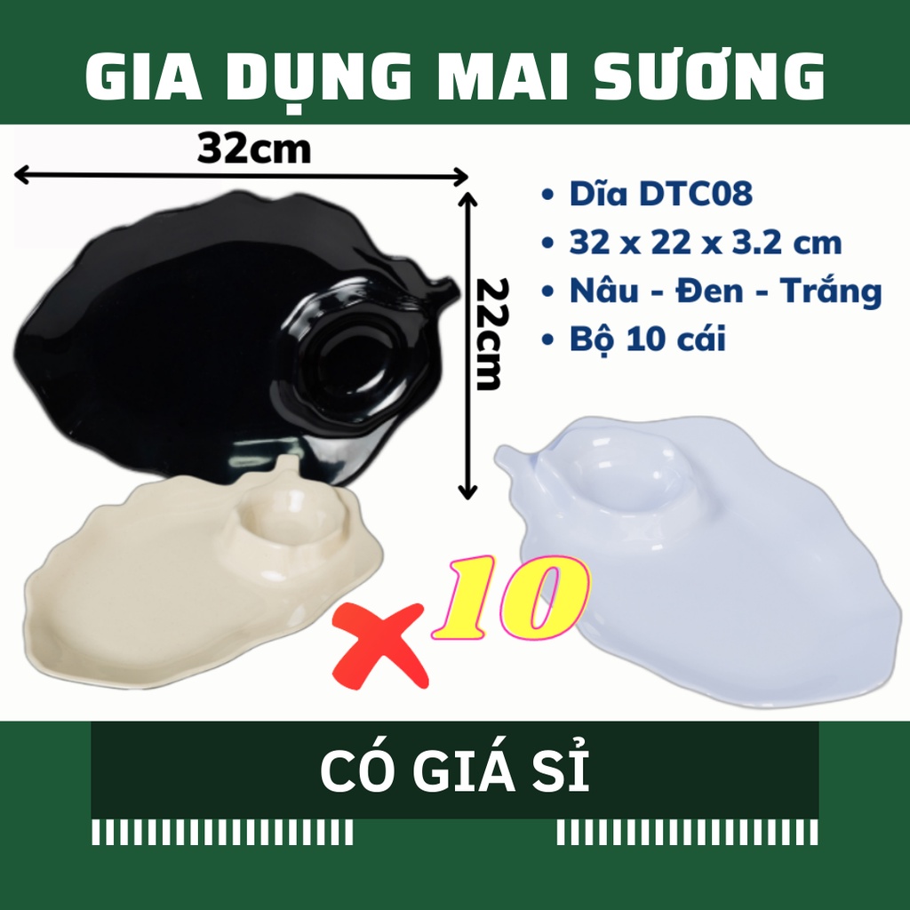 [Giá Sỉ] Bộ 10 Dĩa Lá Có Ngăn Chấm 32cm, Dĩa DTC 08, Dĩa Nhựa Phíp, Nhựa Mellamine