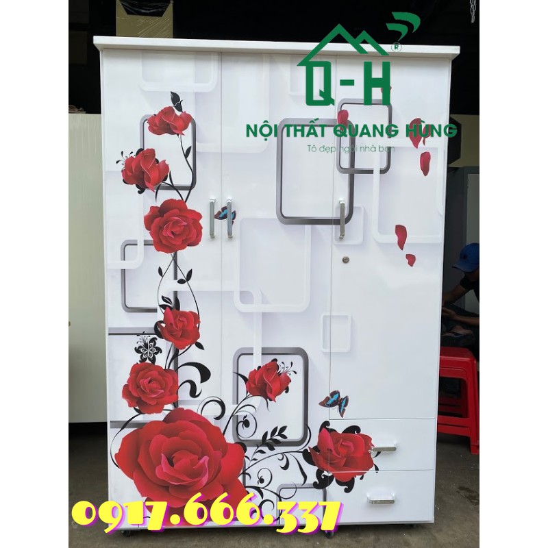 TỦ NHỰA ĐÀI LOAN 3 CÁNH 2 NGĂN IN 3D HOA HỒNG ĐỎ - 1M8X1M2 - HÌNH ẢNH THỰC TẾ