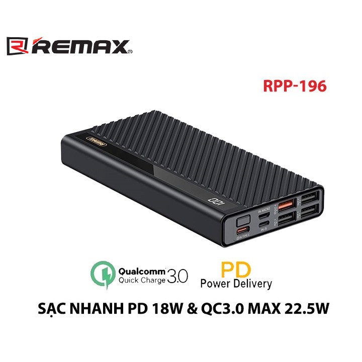 Pin sạc dự phòng REMAX RPP-196 20000mAh QC22.5W PD18W, 3 Inputs 5 Outputs, lõi Li-Polymer