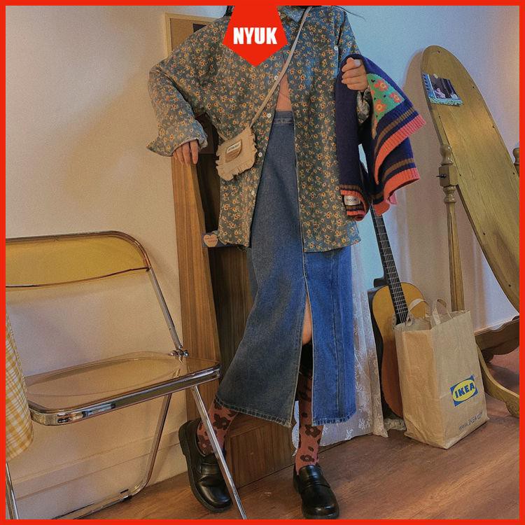 chân váy jean Lưng Cao Dáng Chữ A Xẻ Tà Phong Cách Retro | BigBuy360 - bigbuy360.vn